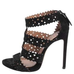 Pre Owned Alaia Black Laser Cut Suede Open Toe Caged Sandals Size 35