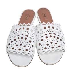 Pre Owned Alaia White Laser Cut Leather Slide Sandals Size 41