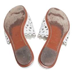 Pre Owned Alaia White Laser Cut Leather Slide Sandals Size 41