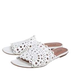 Pre Owned Alaia White Laser Cut Leather Slide Sandals Size 41