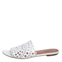 Pre Owned Alaia White Laser Cut Leather Slide Sandals Size 41