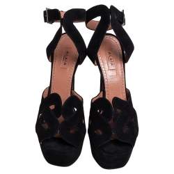 Pre Owned Alaia Black Suede Peep Toe Ankle Strap Platform Sandals Size 36
