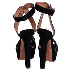 Pre Owned Alaia Black Suede Peep Toe Ankle Strap Platform Sandals Size 36