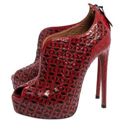 Pre Owned Alaia Red Python Leather Laser Cut Peep Toe Booties Size 38.5