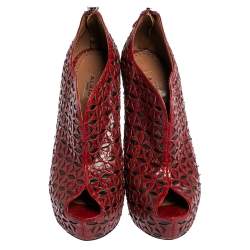 Pre Owned Alaia Red Python Leather Laser Cut Peep Toe Booties Size 38.5
