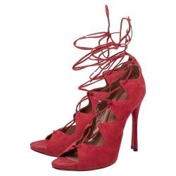 Pre Owned Alaia Red Suede Cut Out Peep Toe Ankle Wrap Sandals Size 39