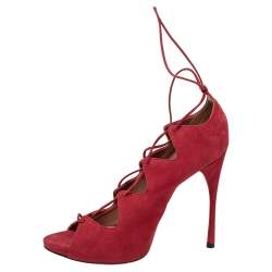 Pre Owned Alaia Red Suede Cut Out Peep Toe Ankle Wrap Sandals Size 39