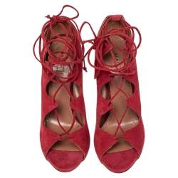 Pre Owned Alaia Red Suede Cut Out Peep Toe Ankle Wrap Sandals Size 39