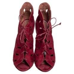 Pre Owned Alaia Red Cut Out Suede Lace Up Peep Toe Ankle Booties Size 38.5