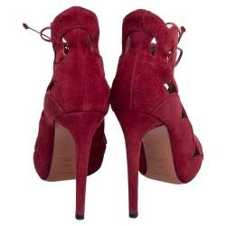 Pre Owned Alaia Red Cut Out Suede Lace Up Peep Toe Ankle Booties Size 38.5