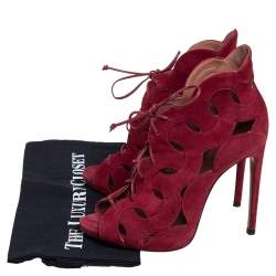 Pre Owned Alaia Red Cut Out Suede Lace Up Peep Toe Ankle Booties Size 38.5