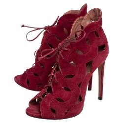 Pre Owned Alaia Red Cut Out Suede Lace Up Peep Toe Ankle Booties Size 38.5