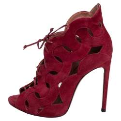 Pre Owned Alaia Red Cut Out Suede Lace Up Peep Toe Ankle Booties Size 38.5