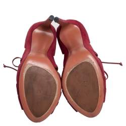 Pre Owned Alaia Red Cut Out Suede Lace Up Peep Toe Ankle Booties Size 38.5