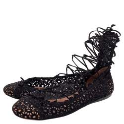 Pre Owned Alaia Black Suede Laser Cut Lace up Ballet Flats Size 38.5
