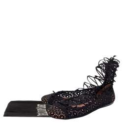 Pre Owned Alaia Black Suede Laser Cut Lace up Ballet Flats Size 38.5