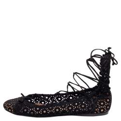 Pre Owned Alaia Black Suede Laser Cut Lace up Ballet Flats Size 38.5