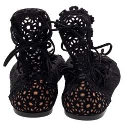 Pre Owned Alaia Black Suede Laser Cut Lace up Ballet Flats Size 38.5