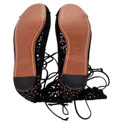 Pre Owned Alaia Black Suede Laser Cut Lace up Ballet Flats Size 38.5
