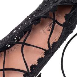 Pre Owned Alaia Black Suede Laser Cut Lace up Ballet Flats Size 38.5