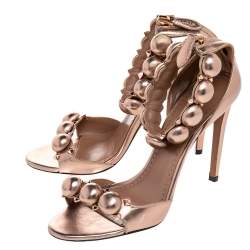 Pre Owned Alaia Metallic Rose Gold Leather Chamois Bombe Ankle Cuff Sandals Size 38