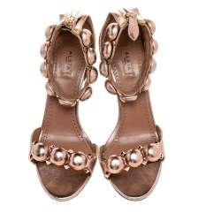 Pre Owned Alaia Metallic Rose Gold Leather Chamois Bombe Ankle Cuff Sandals Size 38