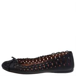 Pre Owned Alaia Black Leather Laser Cut Bow Ballet Flats Size 36.5