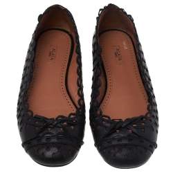Pre Owned Alaia Black Leather Laser Cut Bow Ballet Flats Size 36.5