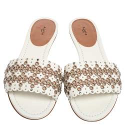 Pre Owned Alaia Off White Leather  Braided Eyelet Sandals Size 38