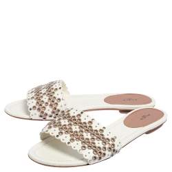 Pre Owned Alaia Off White Leather  Braided Eyelet Sandals Size 38