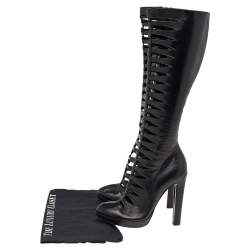 Pre Owned Alaia Black Leather Cutout Knee Length Boots Size 37
