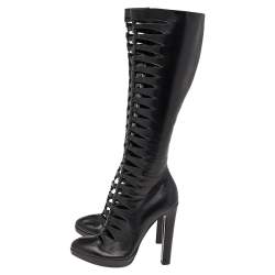 Pre Owned Alaia Black Leather Cutout Knee Length Boots Size 37