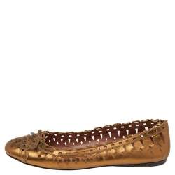 Pre Owned Alaia Gold Leather Ballet Flats Size 38