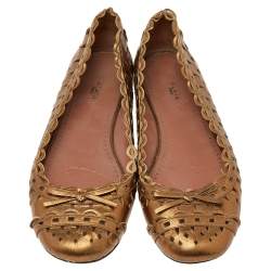 Pre Owned Alaia Gold Leather Ballet Flats Size 38