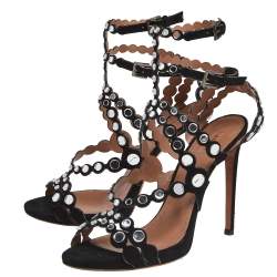 Pre Owned Alaia Black Mirror Embellished Suede Strappy Sandals Size 41