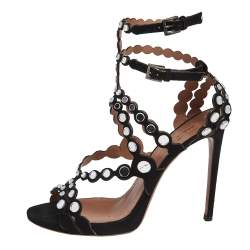 Pre Owned Alaia Black Mirror Embellished Suede Strappy Sandals Size 41