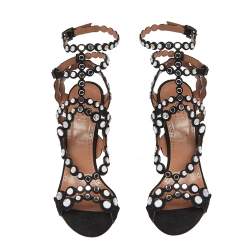 Pre Owned Alaia Black Mirror Embellished Suede Strappy Sandals Size 41