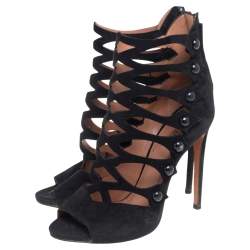 Pre Owned Alaia Black Suede Open Toe Caged Ankle Sandals Size 39