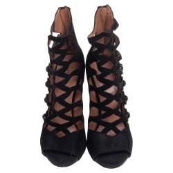 Pre Owned Alaia Black Suede Open Toe Caged Ankle Sandals Size 39