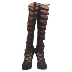 Pre Owned Alaia Black Suede Gladiators Knee Length Boots Size 37