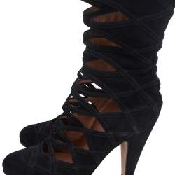 Pre Owned Alaia Black Suede Gladiators Knee Length Boots Size 37