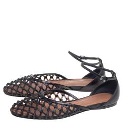 Pre Owned Alaia Black Net Leather Ankle-Strap Ballerina Flats Size 40