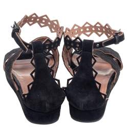 Pre Owned Alaia Black Laser Cut Suede Open Toe Flat Sandals Size 36
