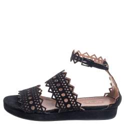 Pre Owned Alaia Black Laser Cut Suede Open Toe Flat Sandals Size 36