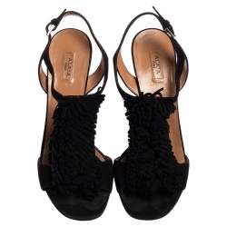 Pre Owned Alaia Black Suede Fringe T Strap Sandals Size 37