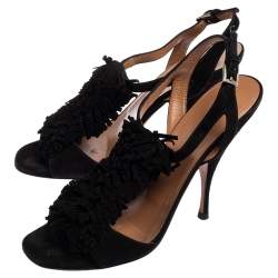 Pre Owned Alaia Black Suede Fringe T Strap Sandals Size 37