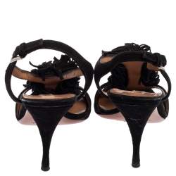 Pre Owned Alaia Black Suede Fringe T Strap Sandals Size 37
