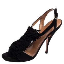 Pre Owned Alaia Black Suede Fringe T Strap Sandals Size 37