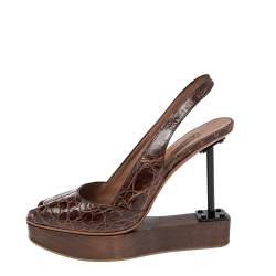 Alaia Brown Crocodile Leather Wooden Platform Slingback Sandals Size 39