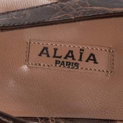 Alaia Brown Crocodile Leather Wooden Platform Slingback Sandals Size 39